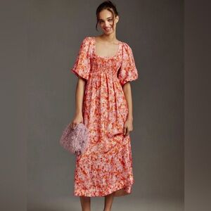 Anthropologie Short-Sleeve Smocked Babydoll Midi Dress